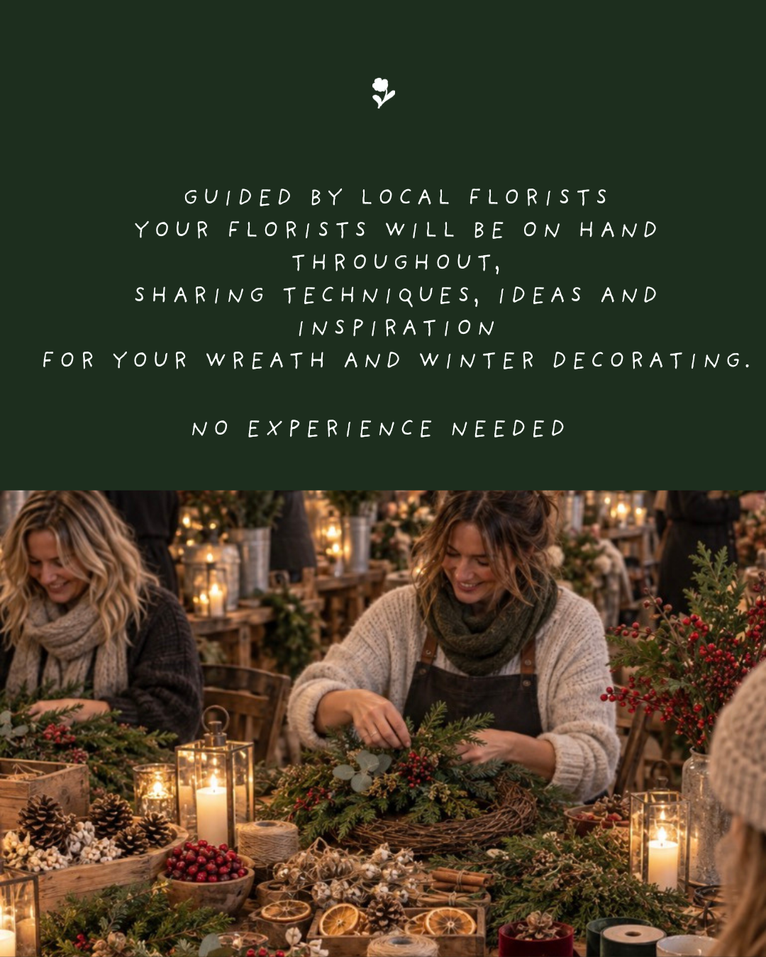 Two women decorating wreaths with holly, pinecones, and candles at a holiday craft market.