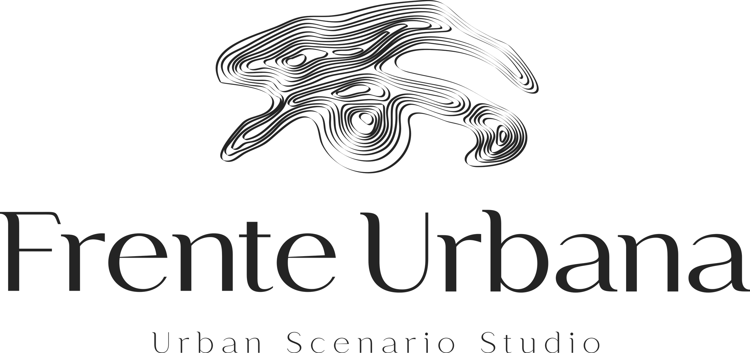 Black background with a stylized topographic map and the text "Frente Urbana Urban Scenario Studio".