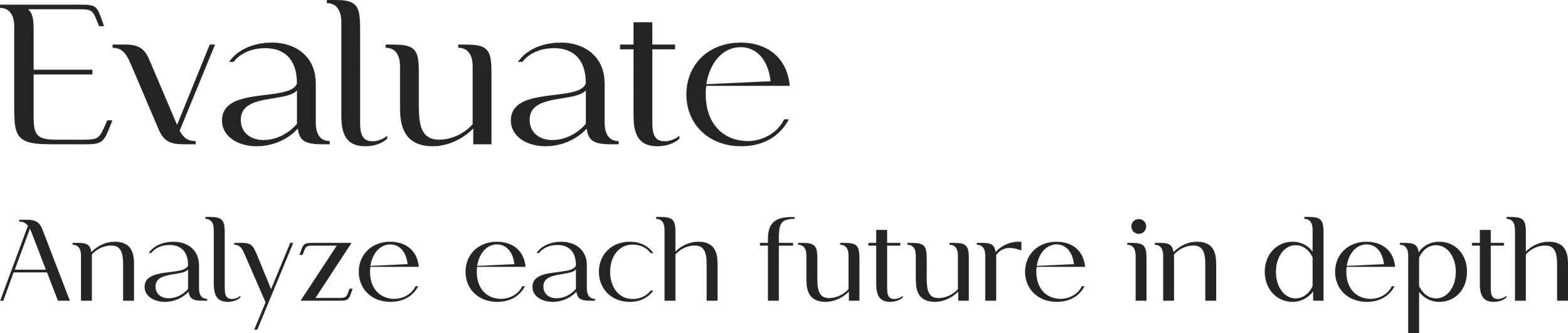 Close-up of a screen displaying the words 'Evaluate' and 'Analyze each future in depth' in large, gray text.