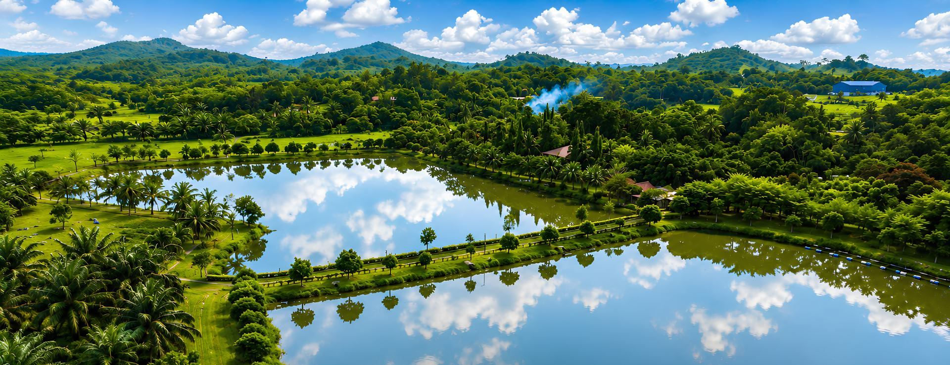 Aerial view of a lush green park with two large reflective ponds surrounded by trees and rolling hills under a partly cloudy sky.