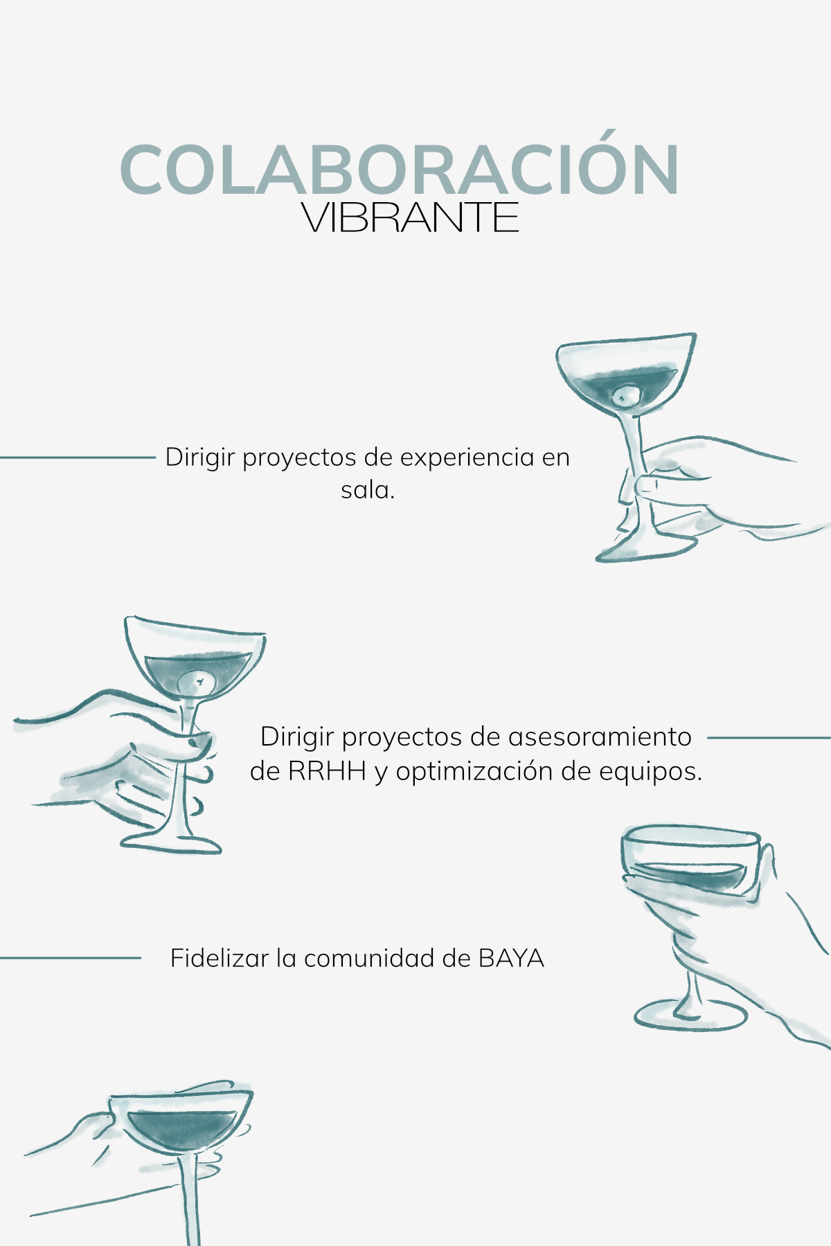 Cartel con título 'Colaboración Vibrante' y dibujos de manos sosteniendo copas de vino, con textos relacionados con proyectos de experiencia, asesoramiento y fidelización en la comunidad de BAYA.