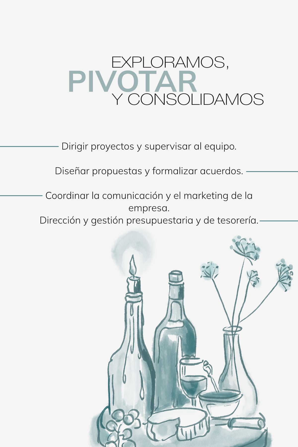 Ilustración de botellas, candelabro y flores al estilo acuarela color azul en la parte inferior de la imagen.