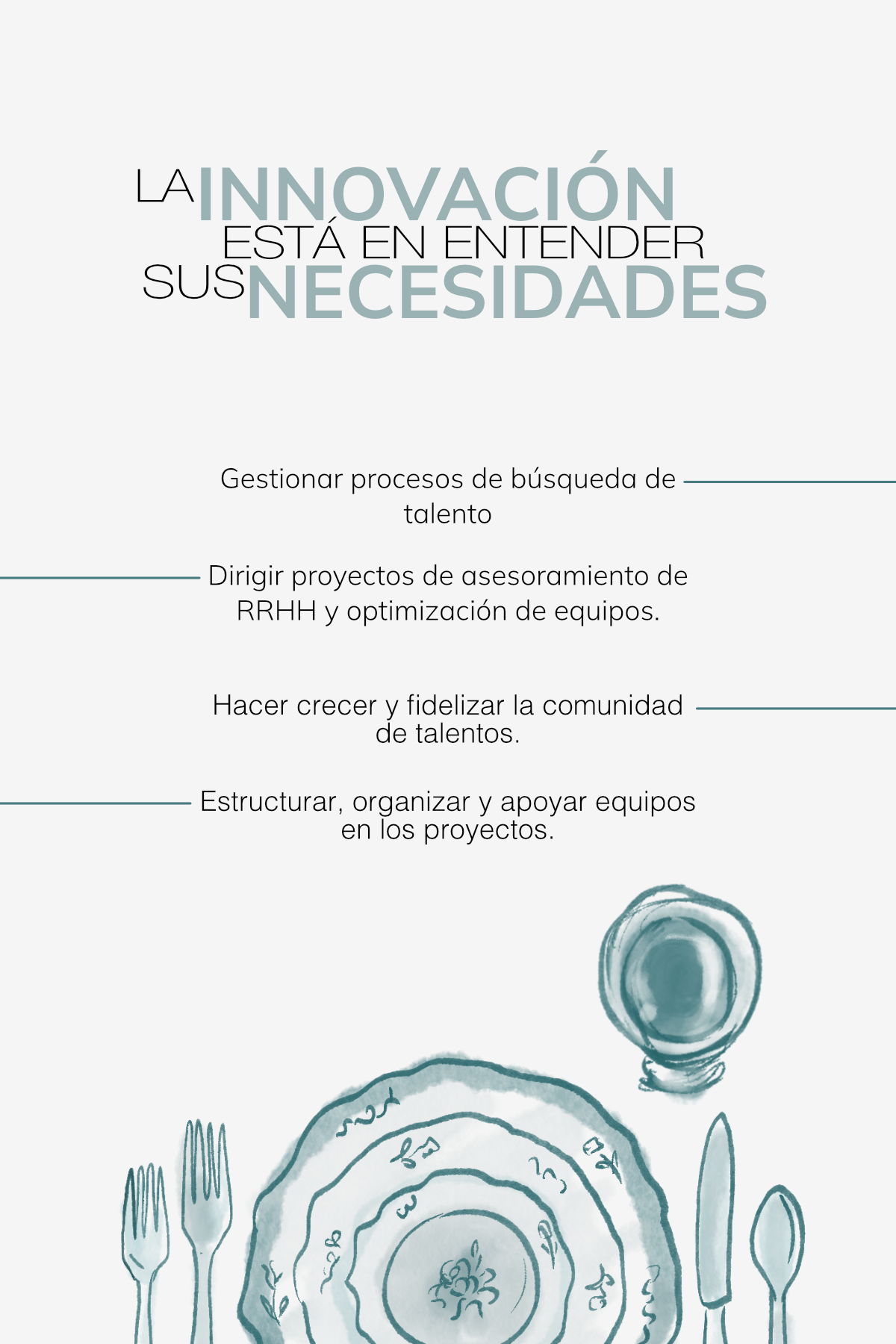 Texto en la imagen que dice: 'La innovación está en entender sus necesidades. Gestionar procesos de búsqueda de talento, dirigir proyectos de asesoramiento de RRHH y optimización de equipos, hacer crecer y fidelizar la comunidad de talentos, estructurar, organizar y apoyar equipos en los proyectos.' También hay un dibujo de un plato con cubiertos y una copa.