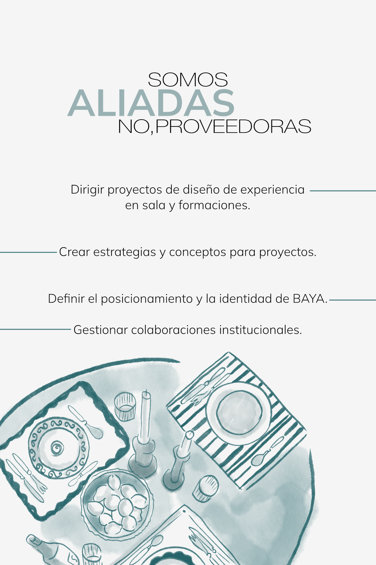 Diseño de cartel en tonos azules y gris con texto y dibujo de mesa con platos, cubiertos, velas y comida, en estilo acuarela.