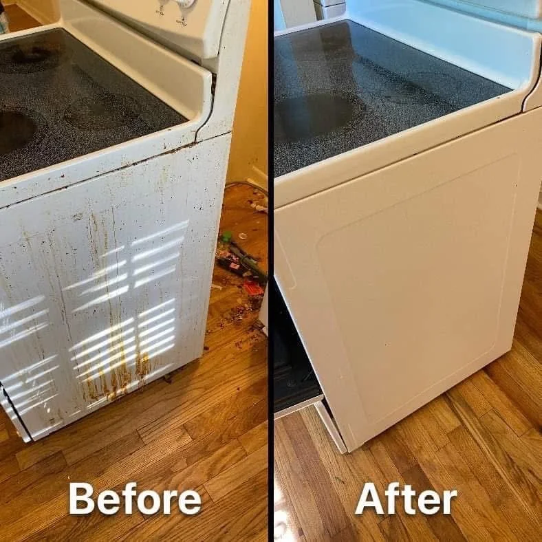 Side-by-side comparison of a stove before and after cleaning. The left side shows a dirty stove with rust and grime, and the right side shows a clean, white stove.