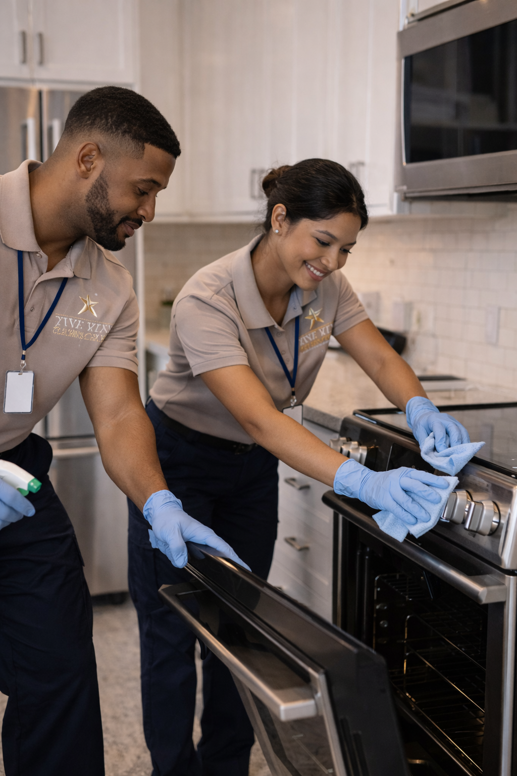 Two individuals cleaning an oven in a kitchen, wearing matching uniforms with name tags and blue gloves, smiling as they clean.