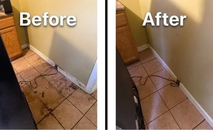 Side-by-side comparison of a kitchen corner before and after cleaning, showing dirty stained tiles and a clean tiled floor.
