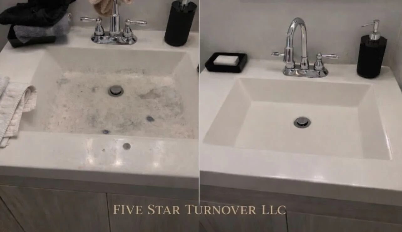 Comparison of a dirty, stained bathroom sink on the left and a clean, spotless bathroom sink on the right, with a towel and soap dish visible.