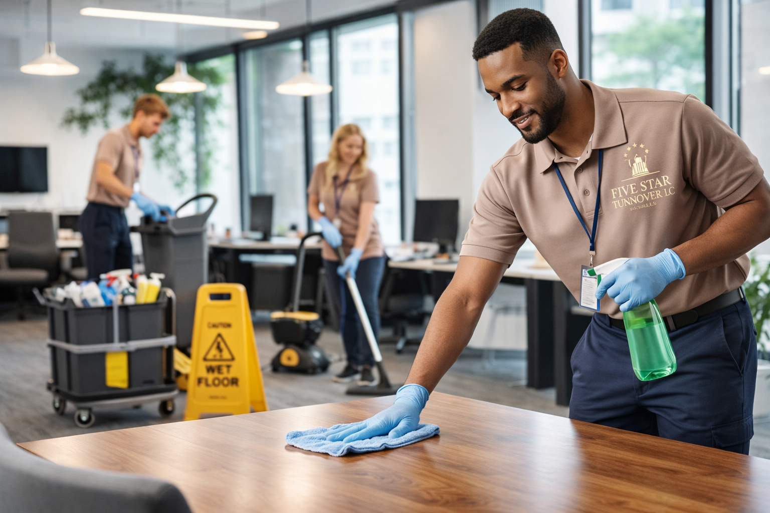 Janitorial staff cleaning a wooden table in an office, with cleaning supplies and a caution wet floor sign visible in the background.