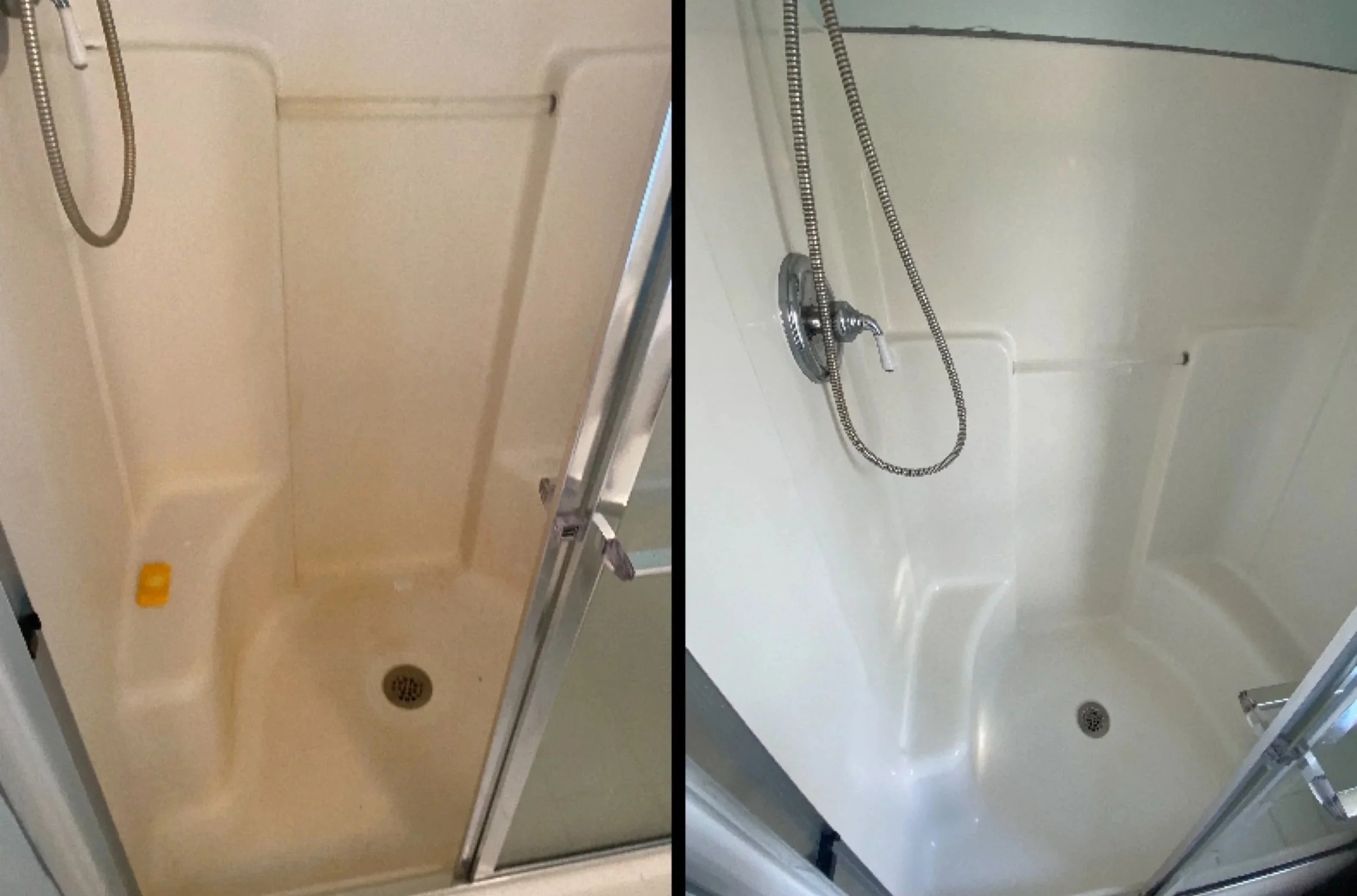 Side-by-side comparison of two shower stalls, one older with a drain on the floor and a small yellow soap dish, and a newer, cleaner shower with a modern chrome faucet and hose.