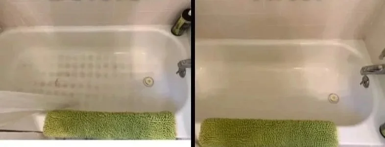 Side-by-side images of a bathtub with a green bath mat, showing a before and after comparison of cleaning or appearance.