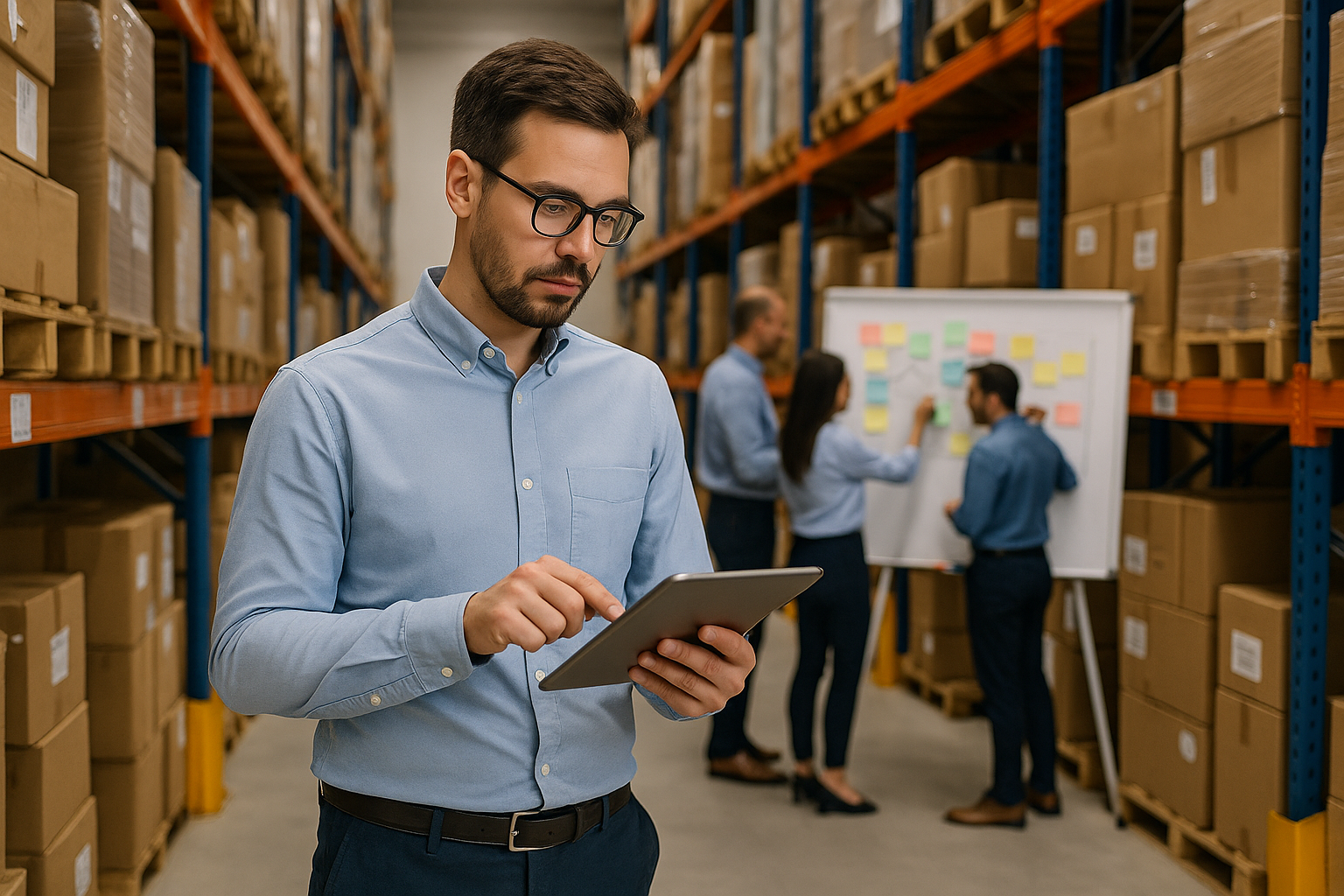 A man in glasses using a tablet in a warehouse, with a group of people discussing around a whiteboard in the background, surrounded by shelves of boxes.