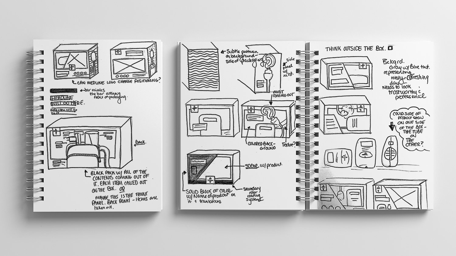 EARLY PACKAGING CONCEPTS.
Initial sketches explored layout, messaging, and structure—helping define how the product could live on shelf and communicate clearly. These early ideas informed the dieline, hierarchy, and design system that followed.