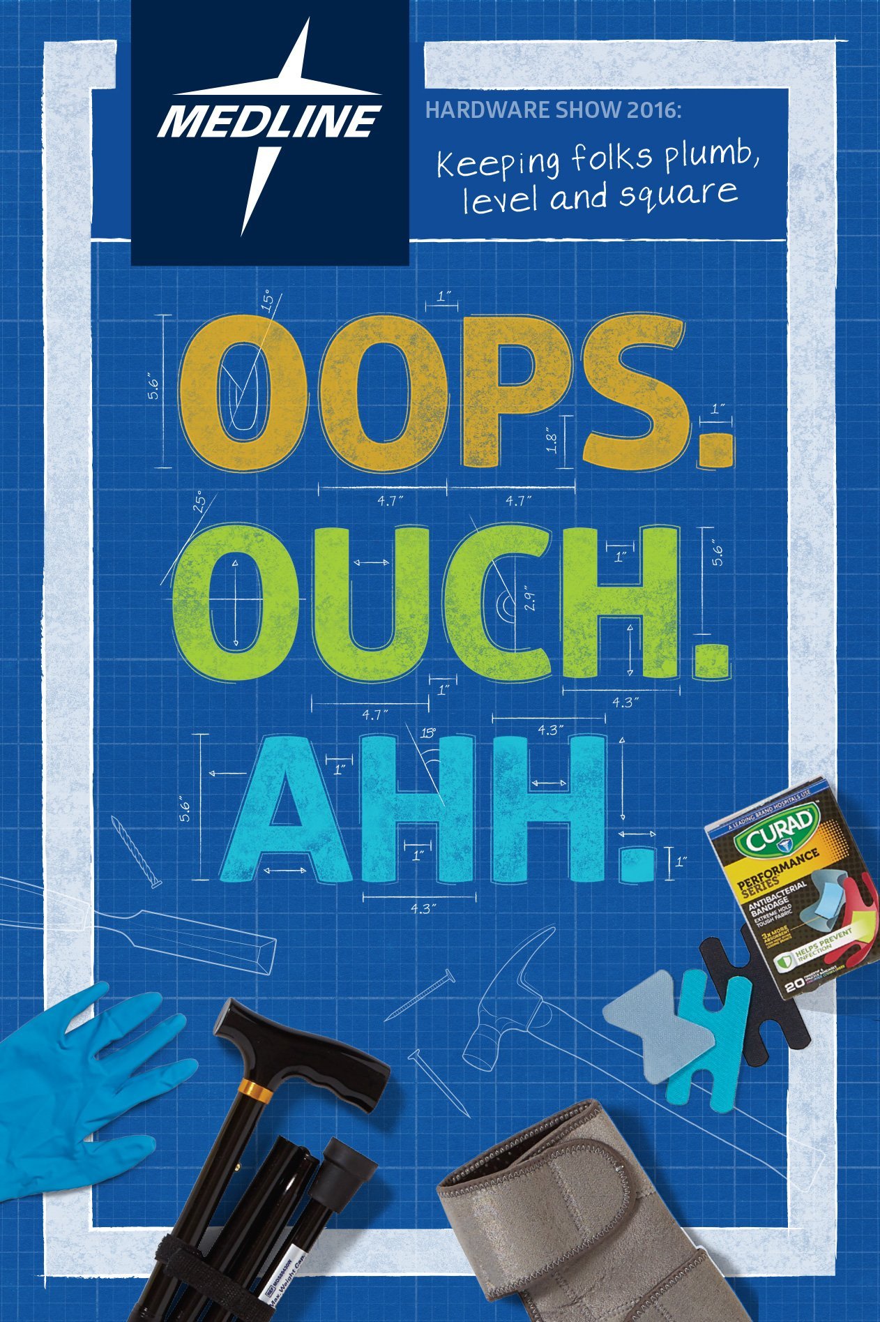 TRADE SHOW GRAPHICS THAT SPEAK THEIR LANGUAGE.
Blueprint visuals, tool silhouettes, and rugged textures made this campaign instantly relatable to hardware pros. I created the concept, collaborated with a copywriter, and handled design and production