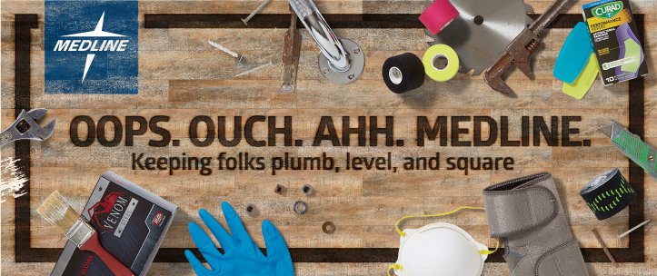 EARLY CONCEPT: BUILT FROM THE BENCH UP.
This initial direction leaned into rugged texture and jobsite realism. The workbench-inspired backdrop, singed typography, and scattered tools told a relatable story—connecting medical supplies to the everyday