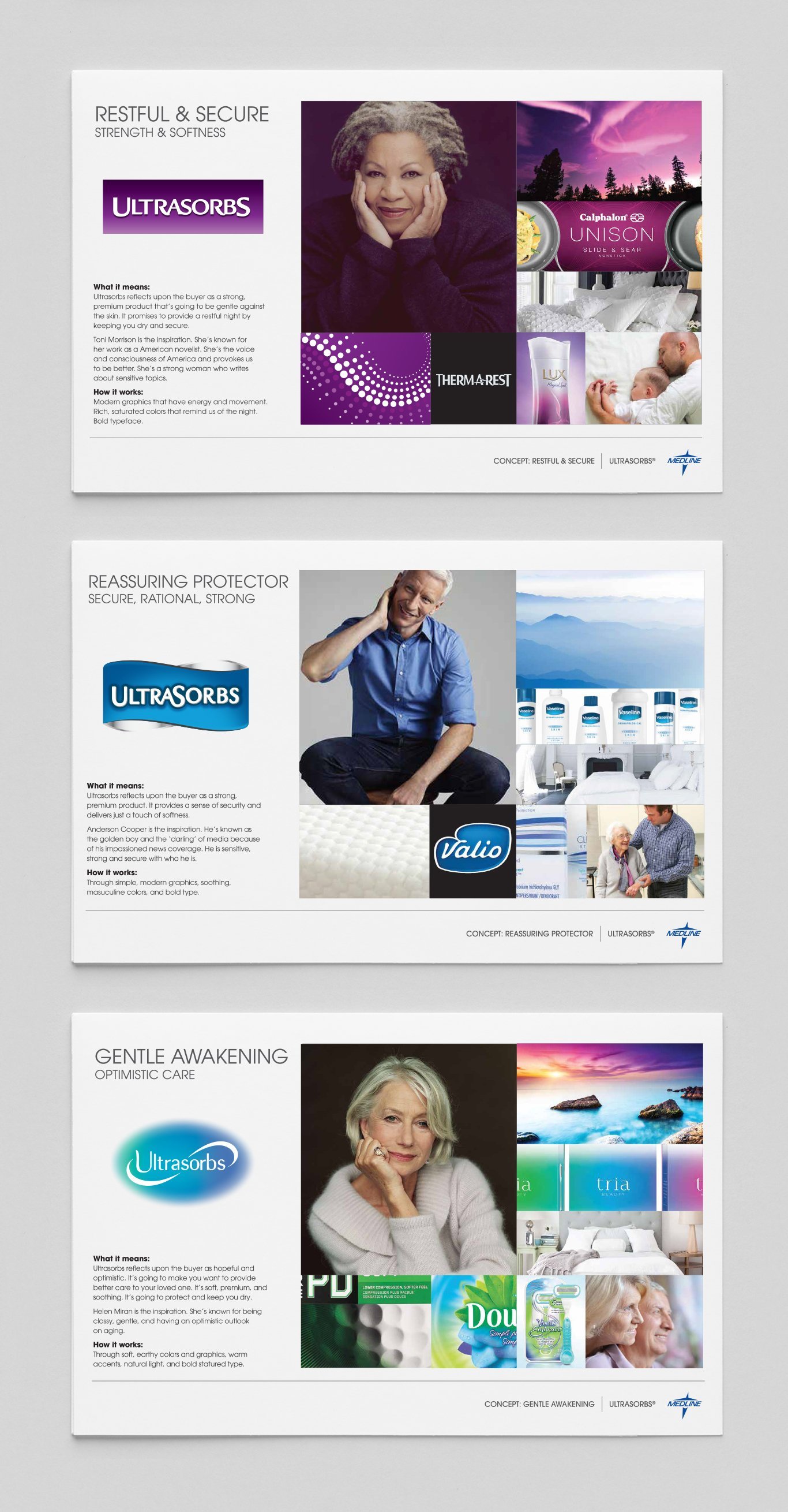ULTRASORBS MOODBOARDS.
Three distinct moodboards were developed to help define the tone of the brand. Each one explored a unique emotional direction—pairing imagery, color, and texture to express comfort, confidence, or care. These boards laid the fo