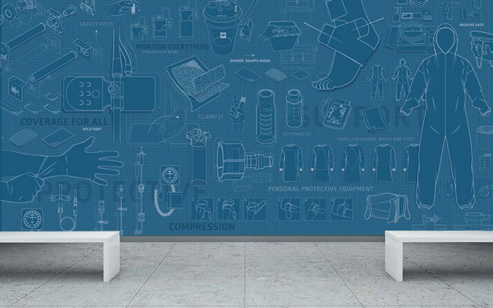 BUILT FOR BALANCE.
A dynamic wall installation created for Medline’s corporate campus. Existing product illustrations were reimagined and arranged to create a visually balanced, layered composition—bringing order, rhythm, and brand storytelling into