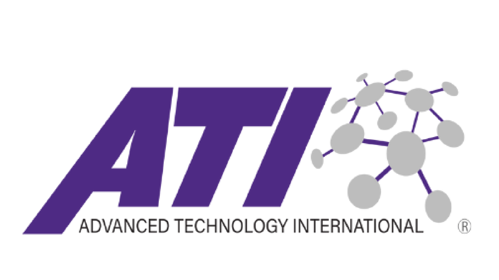 Logo of Advanced Technology International featuring purple letters 'ATI', a molecular structure, and black text.