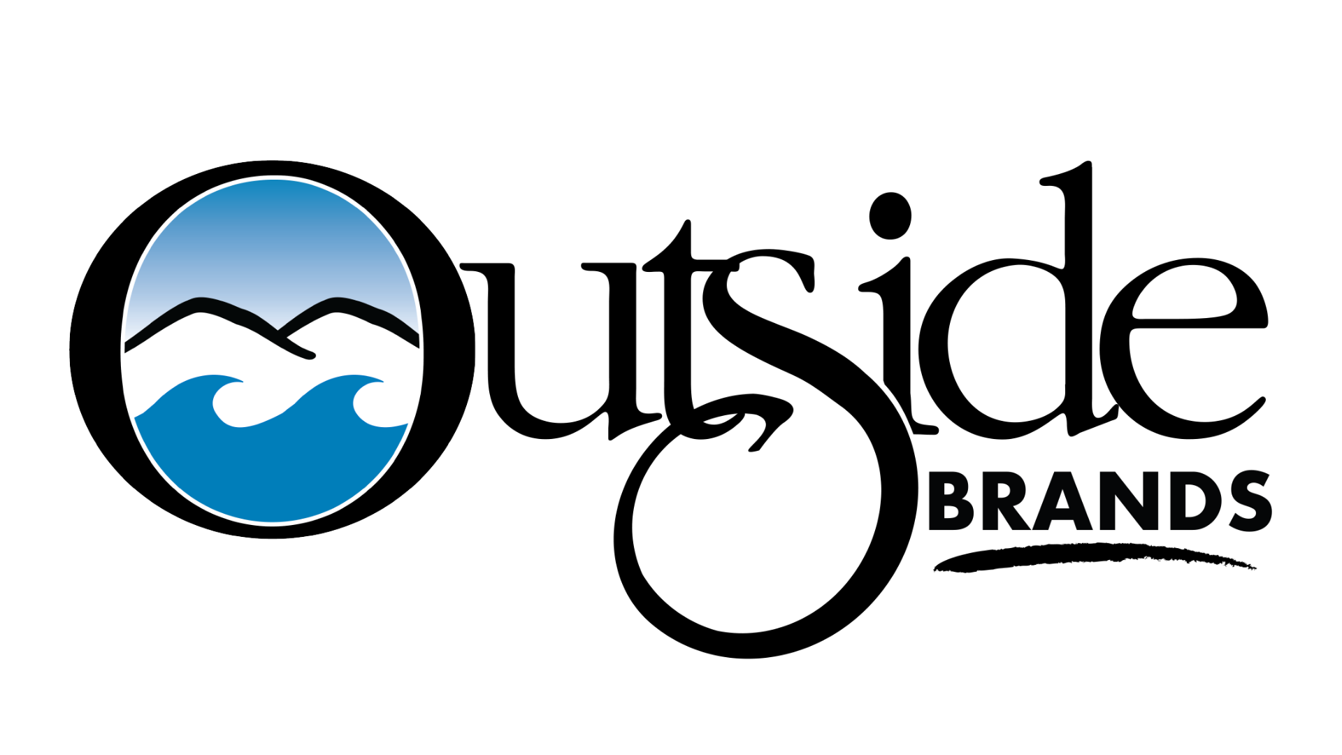 Logo for Outside Brands with a circular emblem depicting mountains, water, and a blue sky.