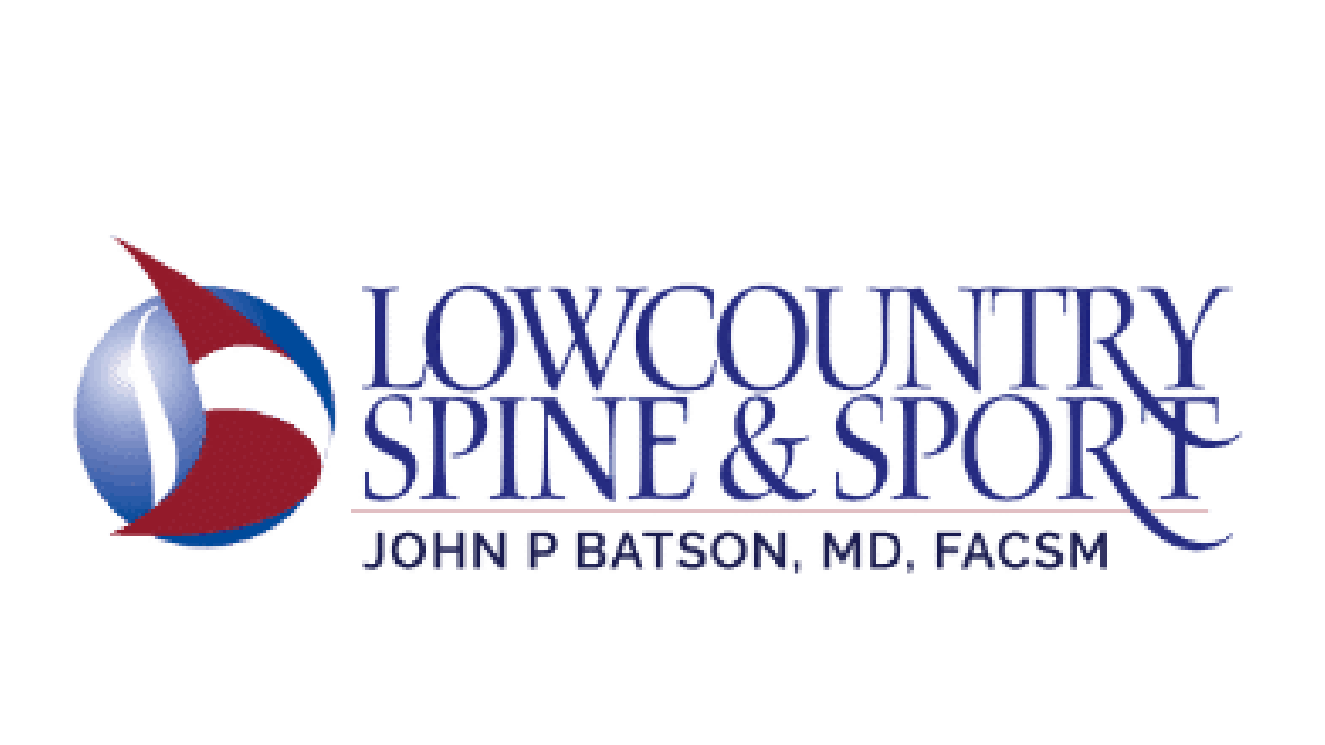 Logo for Lowcountry Spine & Sport featuring a stylized globe with an abstract red and blue figure and the text 'Lowcountry Spine & Sport, John P Batson, MD, FACSM'.