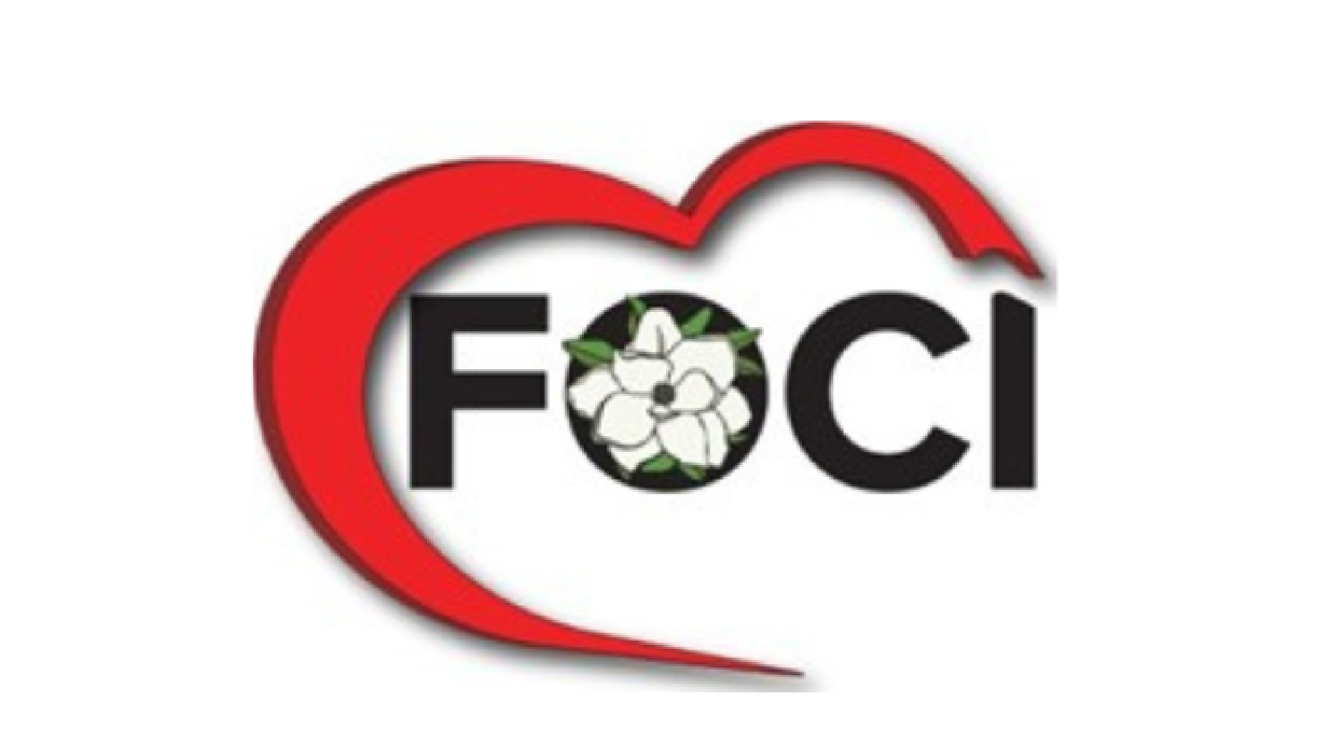 A heart-shaped red outline surrounding the word "FOCI" with a white flower inside the letter "O" and green leaves on top.