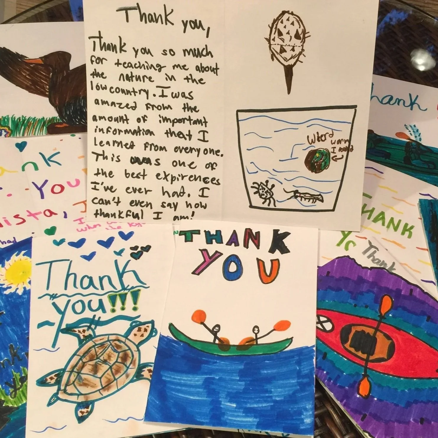 Collection of colorful thank you cards with drawings of animals, boats, and other illustrations, expressing gratitude in various styles.