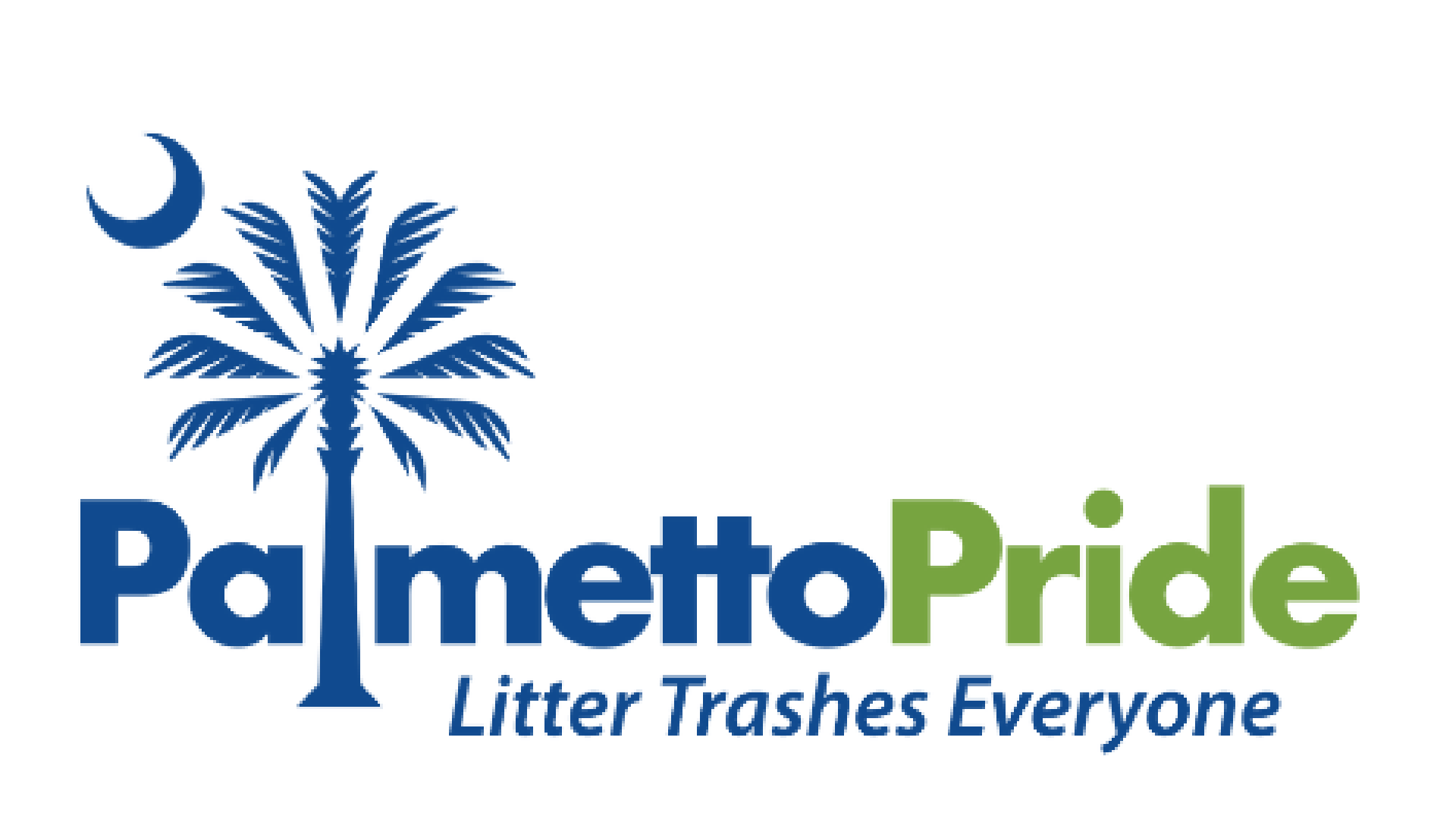 Logo for Palmetto Pride featuring a blue silhouette of a palmetto tree with a crescent moon and a star, accompanied by the text "Palmetto Pride" in blue and green, with the tagline "Litter Trashes Everyone" beneath.