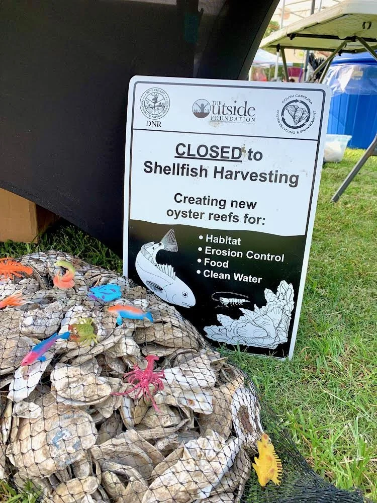 Sign indicating the shellfish harvesting is closed to create oyster reefs for habitat, erosion control, food, and clean water. In front, there are shells and colorful plastic sea creatures.