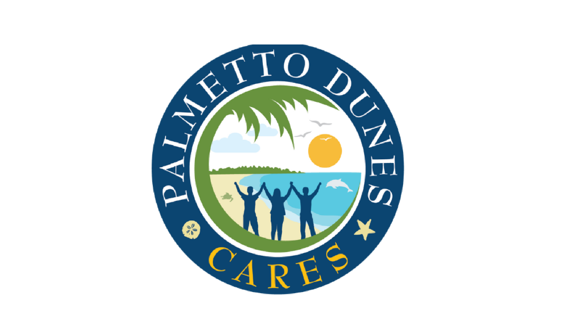 Seal with the text 'Piney Point to Destin Cem Co' surrounding a beach scene featuring a family, dolphins, a sunset, and palm trees.