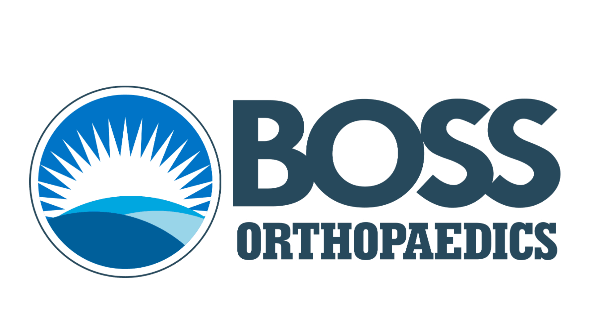 Logo for Boss Orthopaedics featuring a stylized sun rising over mountains inside a circle with the text "BOSS ORTHOPAEDICS" to the right.