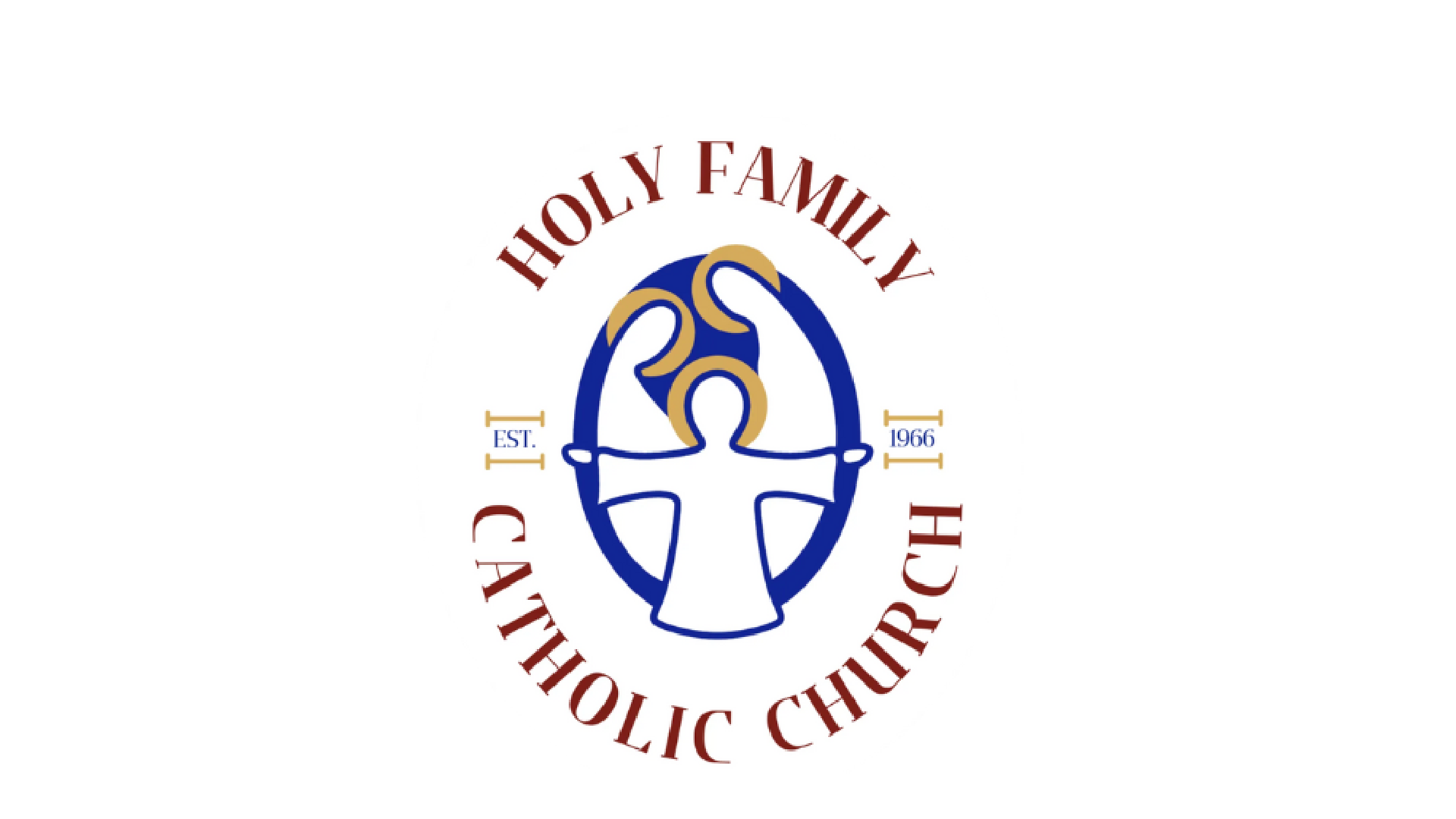 Logo of Holy Family Catholic School established in 1966, featuring a stylized blue and gold Christian cross with hands forming a heart shape.