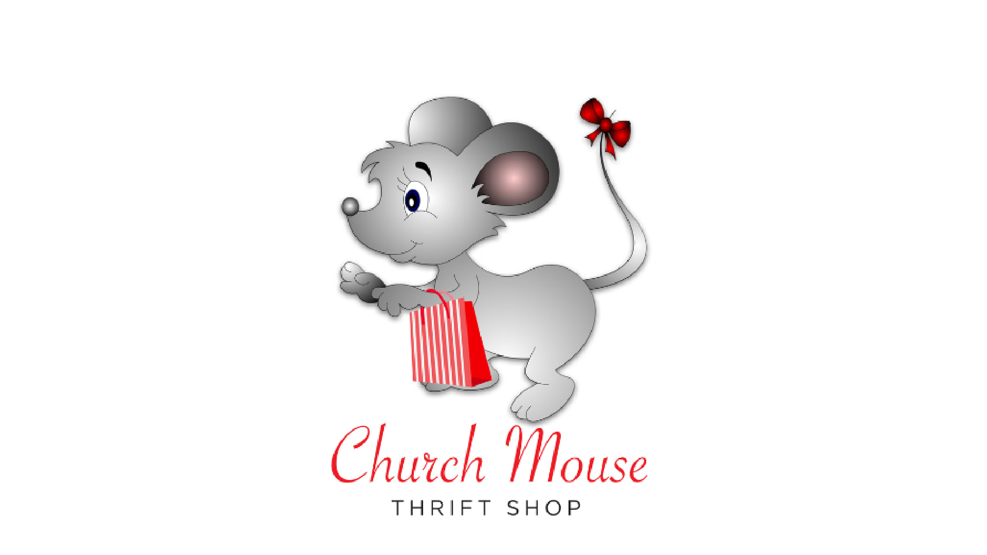 Cartoon gray mouse with a pink bow on its tail, holding a red and white striped shopping bag, and the text "Church Mouse Thrift Shop" in red cursive and black print.