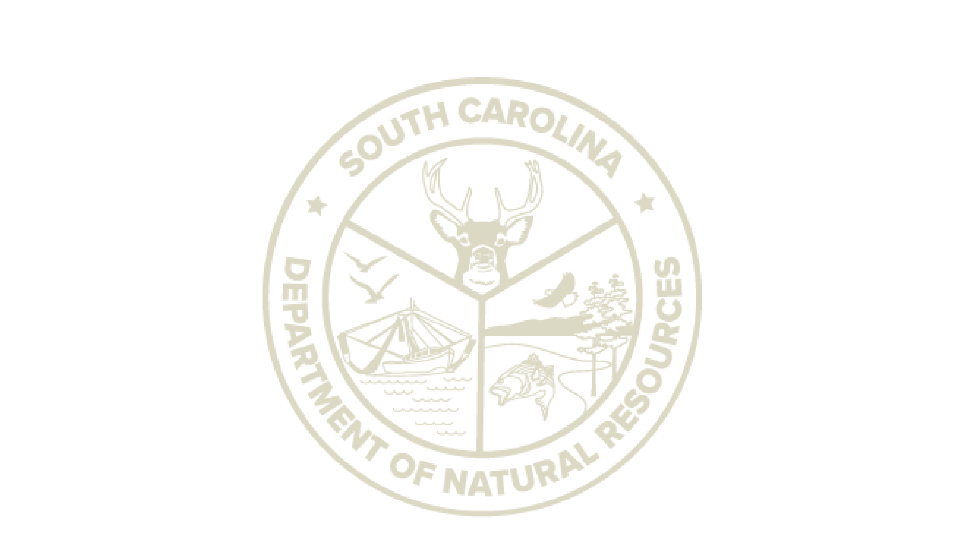 Seal of the South Carolina Department of Natural Resources featuring a deer, boat, fish, and tree.