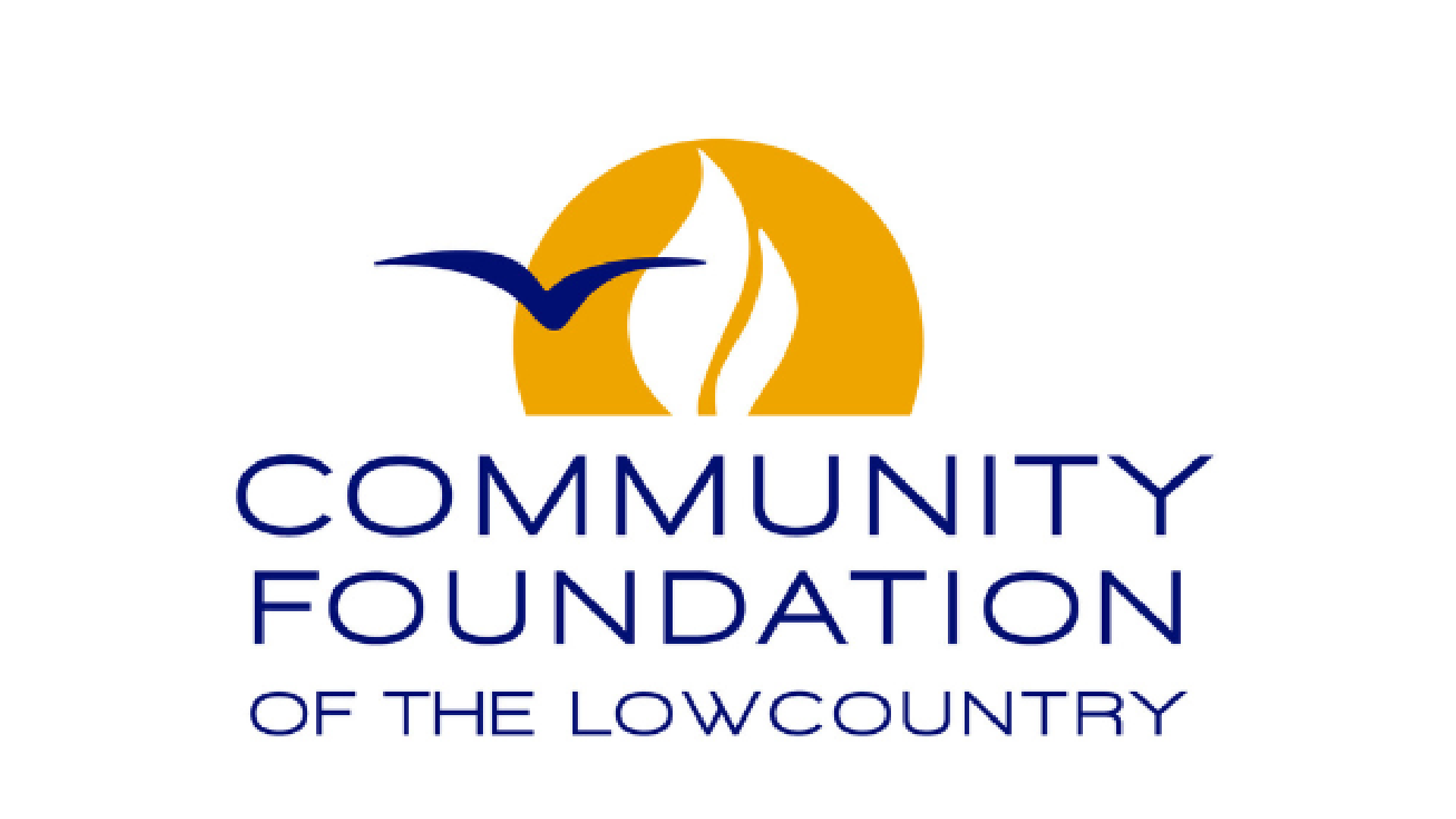 Logo of the Community Foundation of the Lowcountry, featuring a yellow circle with a stylized flame and a flying bird, accompanied by the foundation's name in blue text.