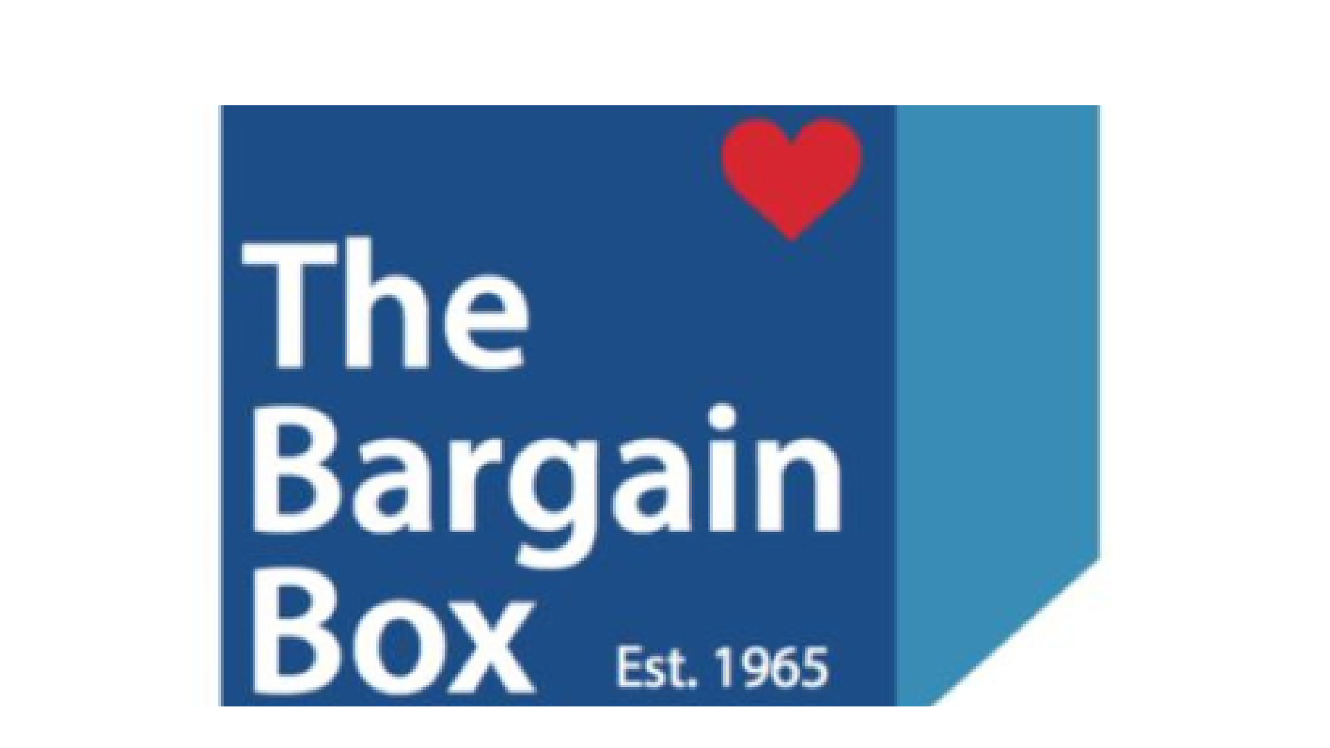 A blue cardboard box labeled "The Bargain Box" with a red heart symbol and the established year 1965.