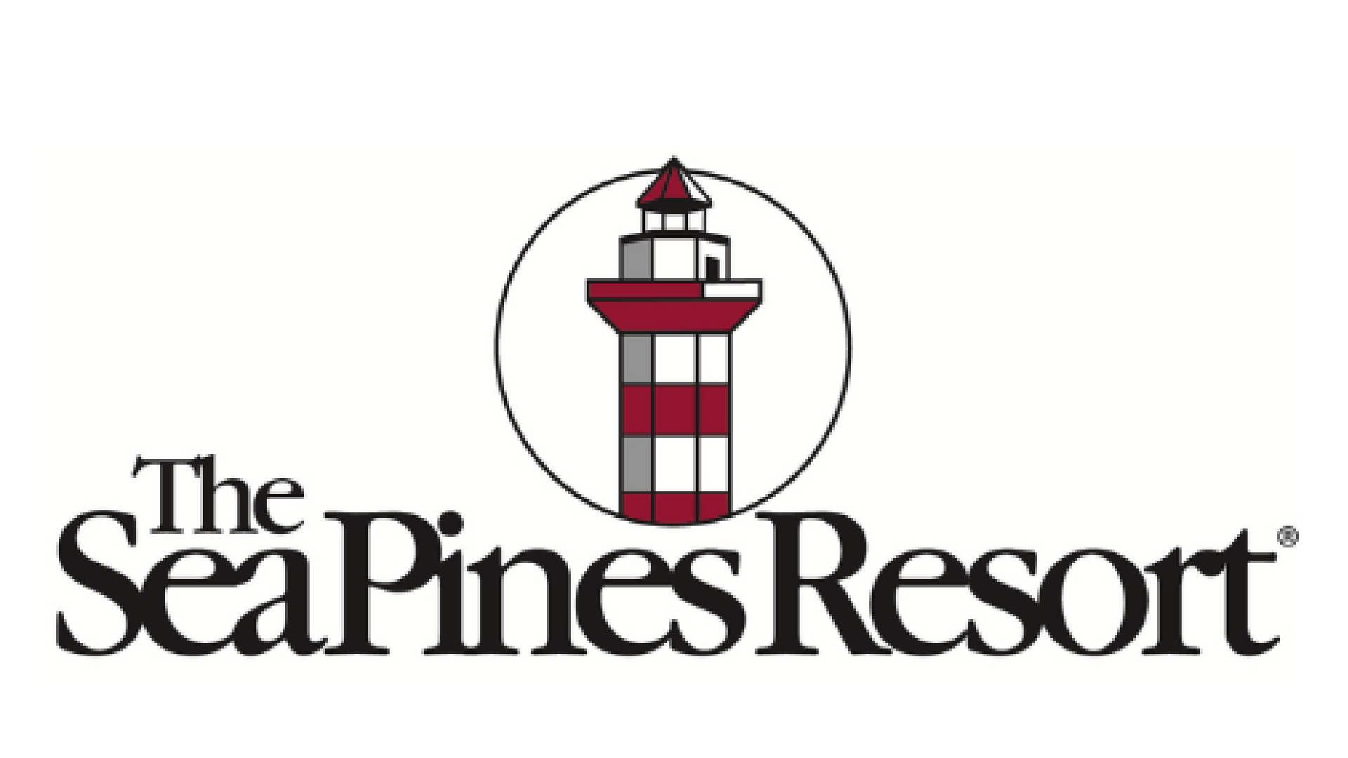 Logo of the Sea Pines Resort featuring a red and white striped lighthouse enclosed in a circle with the name below.