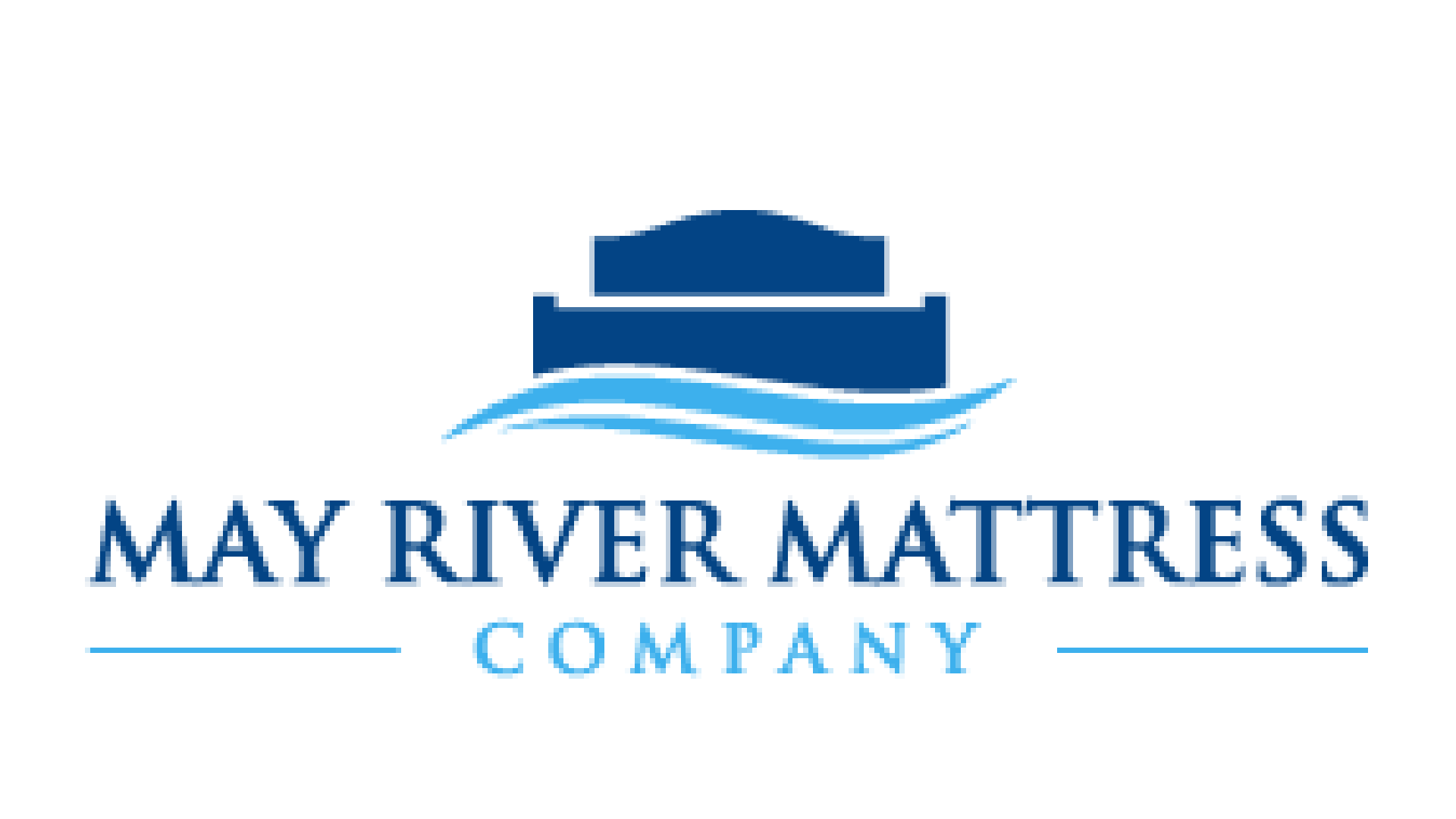 Logo with a boat, waves, and the text 'May River Mattress Company' in blue.
