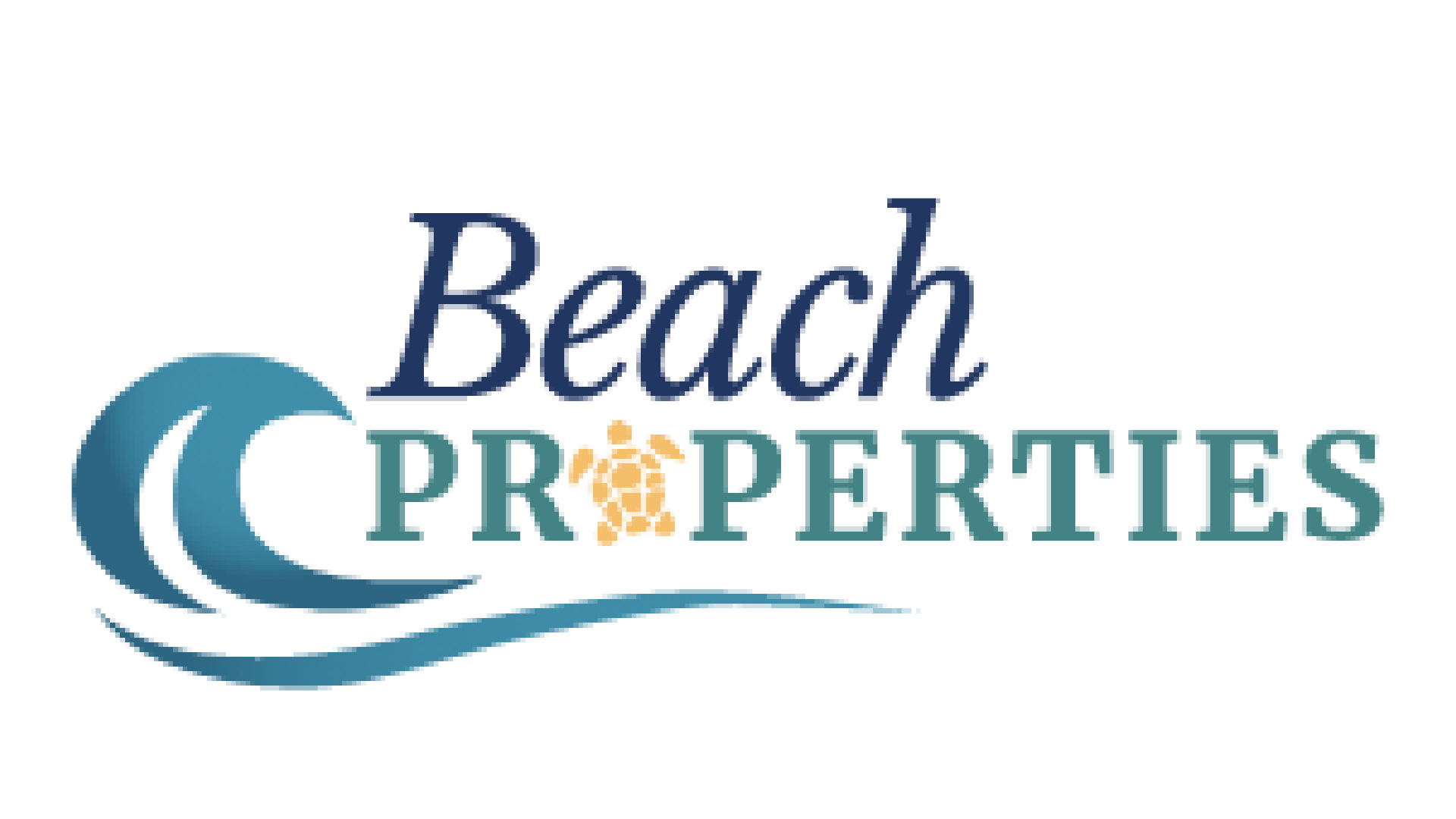 Logo for Beach Properties featuring stylized ocean waves, the word 'Beach' in navy blue, and 'Properties' with a turtle illustration in the center.