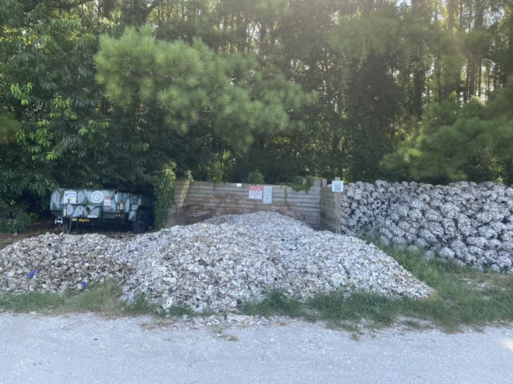 A pile of crushed shells or stones in front of a wooden fence, with another larger pile of similar material to the right, surrounded by green trees and bushes in the background.