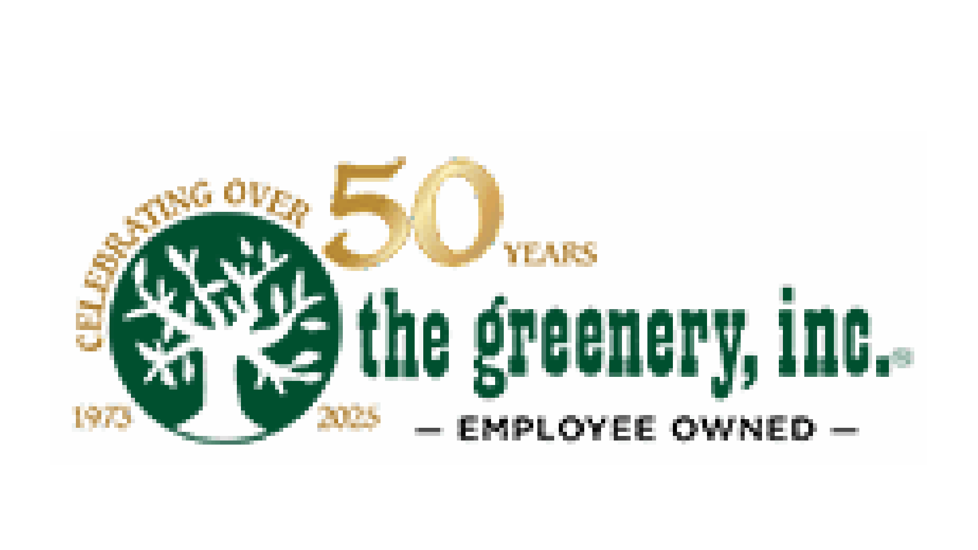 Logo celebrating 50 years of the Greenery Inc., featuring a green tree with white leaves and gold text for anniversary