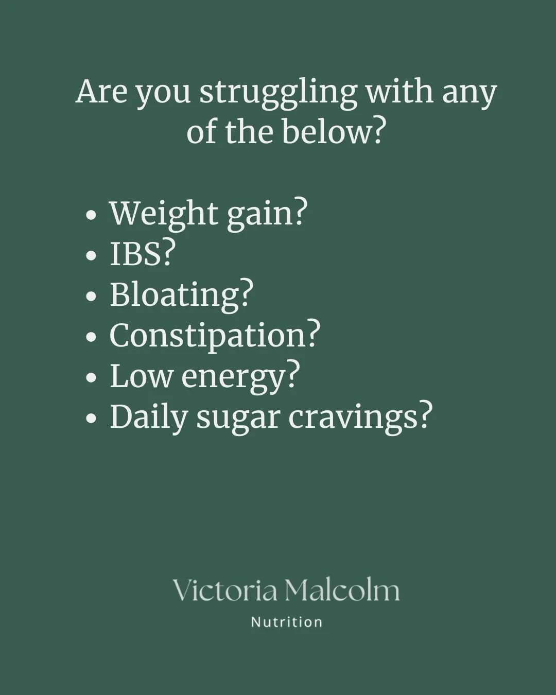 Are you struggling with weight gain, IBS, bloating, constipation, low energy or daily sugar cravings? This isn&rsquo;t living, its surviving and it&rsquo;s time to take back control of your health? As a registered nutritional therapist, I&rsquo;m not