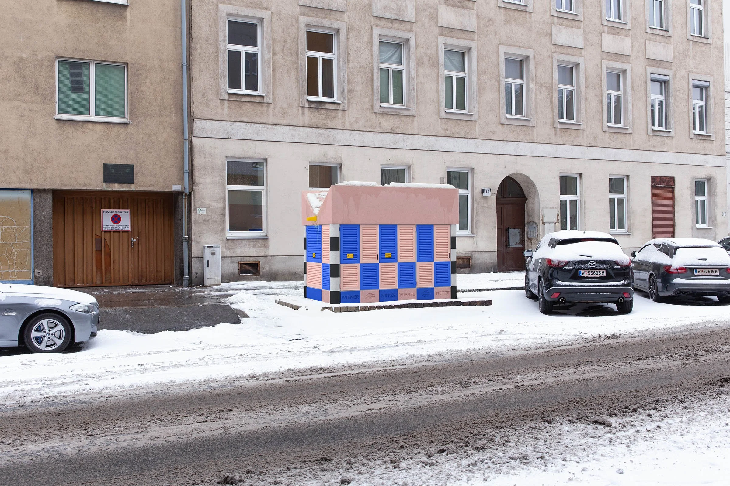 3D Rendering einer farbig bunt gestalteten trafostation für einen Wettbewerb der Wiener Netze