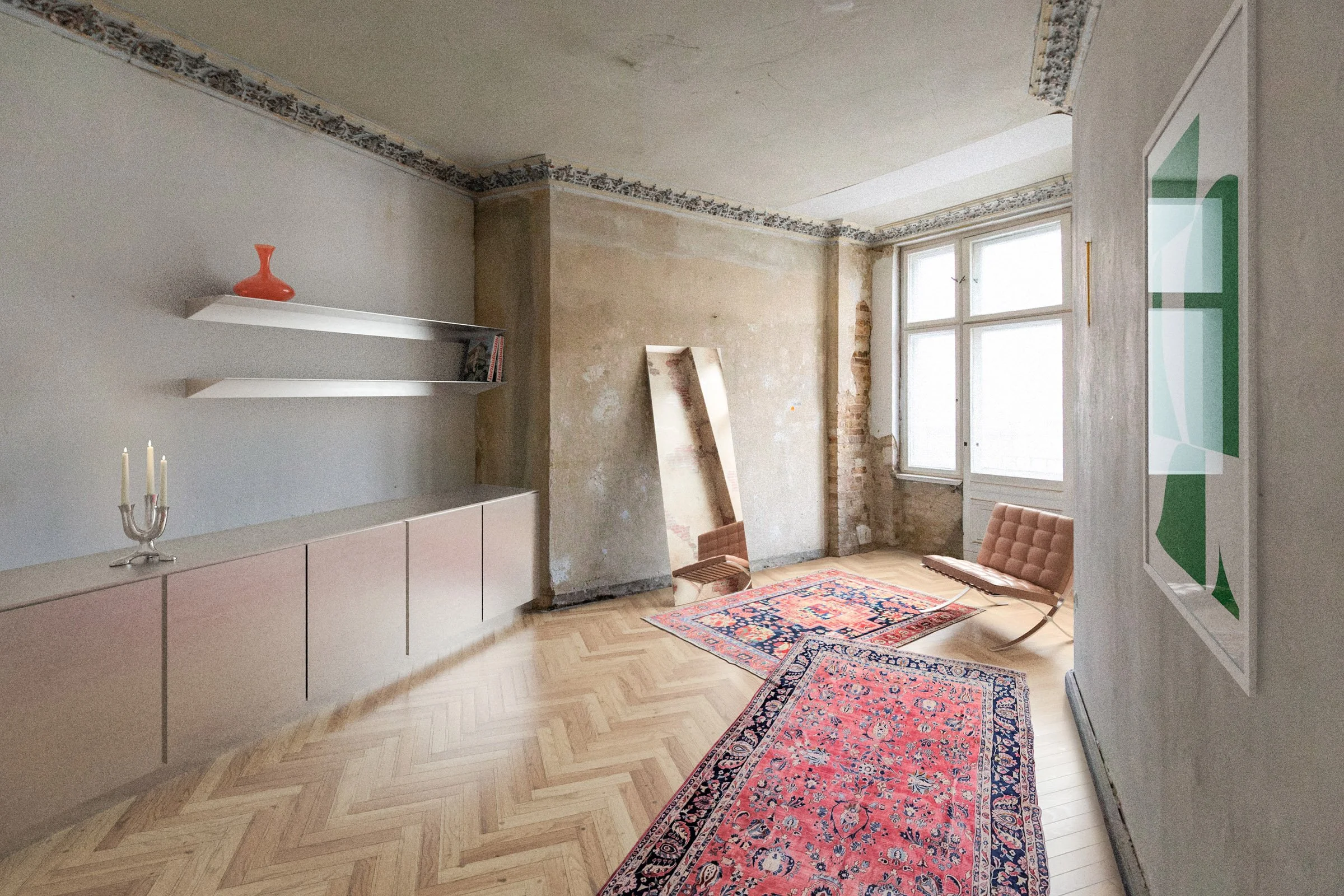 Rendering einer interior design wohnung in einem Altbau in Berlin