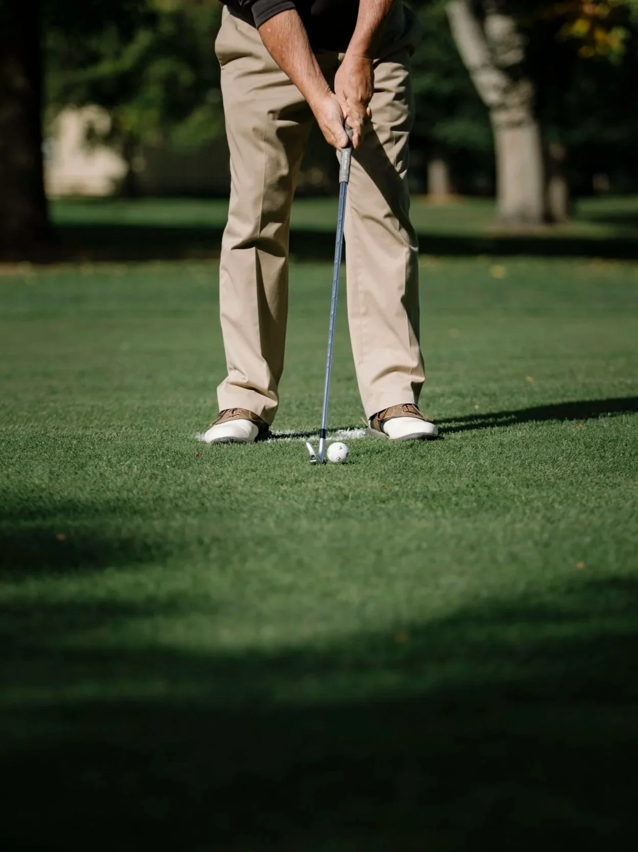 A person preparing to hit a golf ball on a golf course, standing on green grass with trees in the background.