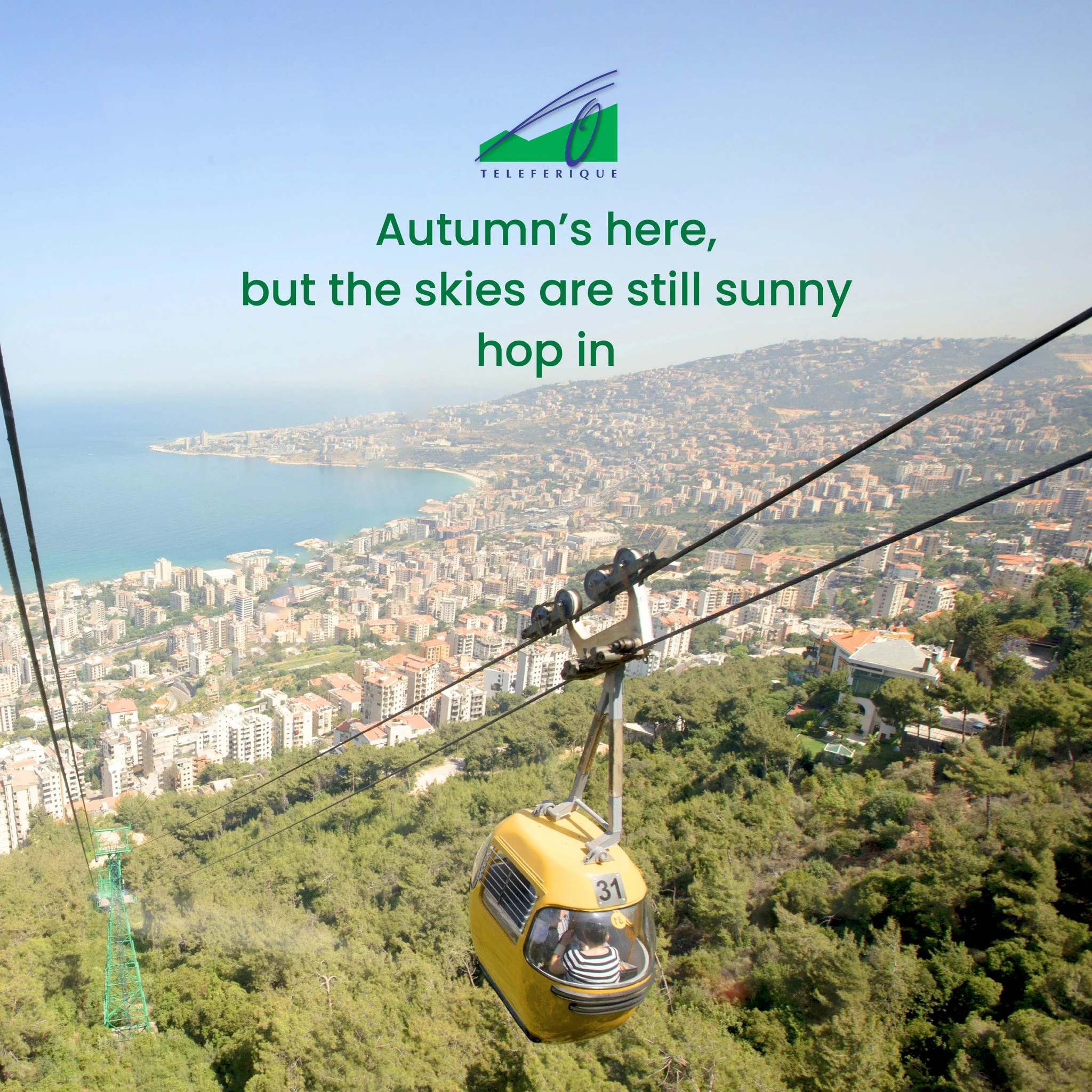 Autumn&rsquo;s here, but the skies are still sunny&mdash;hop in. 
اجا الخريف ، بس السما بعدها مشمّسة &mdash; طلاع معنا.

#Teleferique #Harissa #Beirut #Jounieh #Lebanon #TeleferiqueLebanon #tourism #ourladyoflebanon #بيروت #لبنان