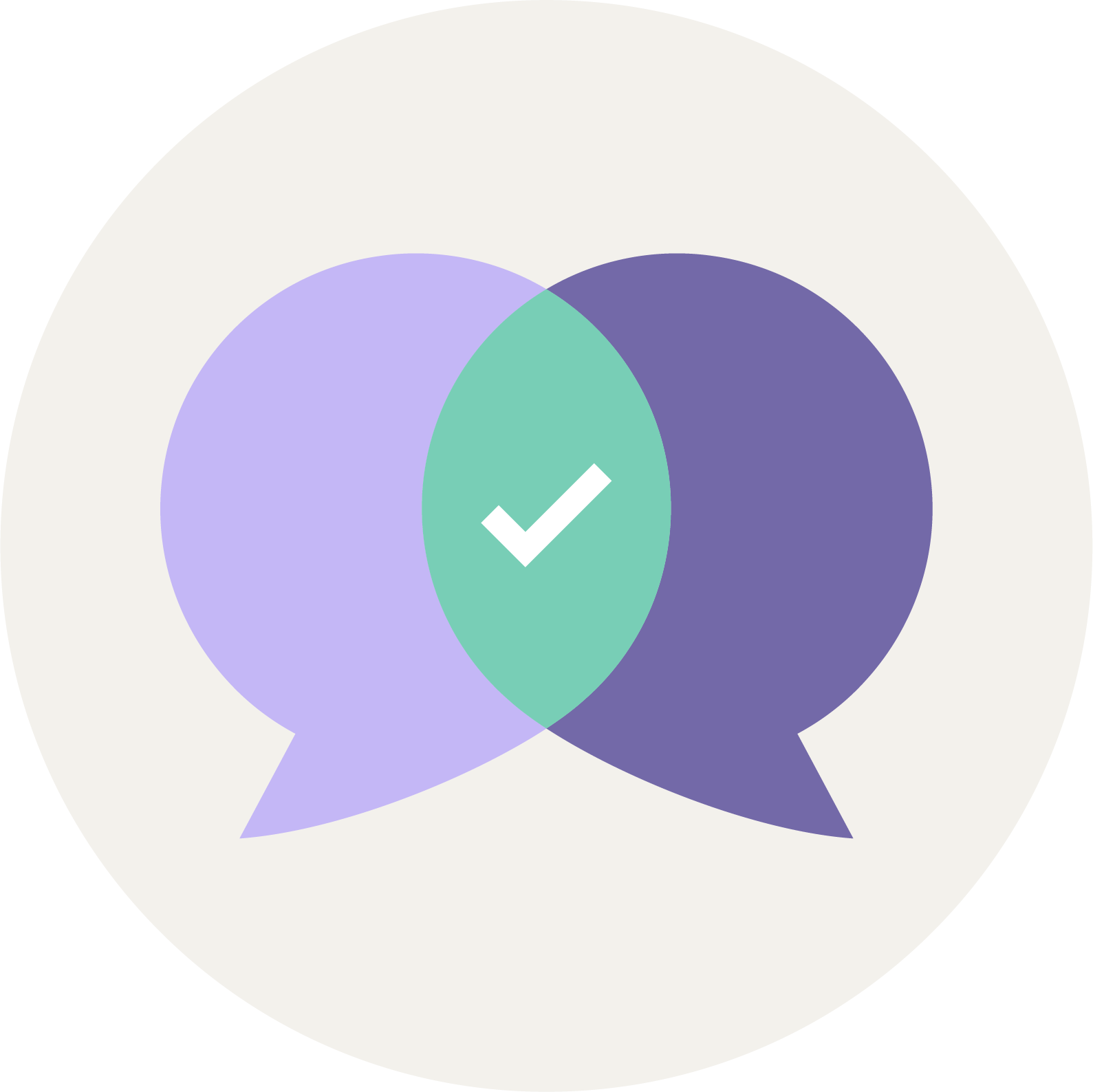 Facilitation icon showing two overlapping speech bubbles in purple and blue with a check mark at the intersection, indicating agreement or validation.