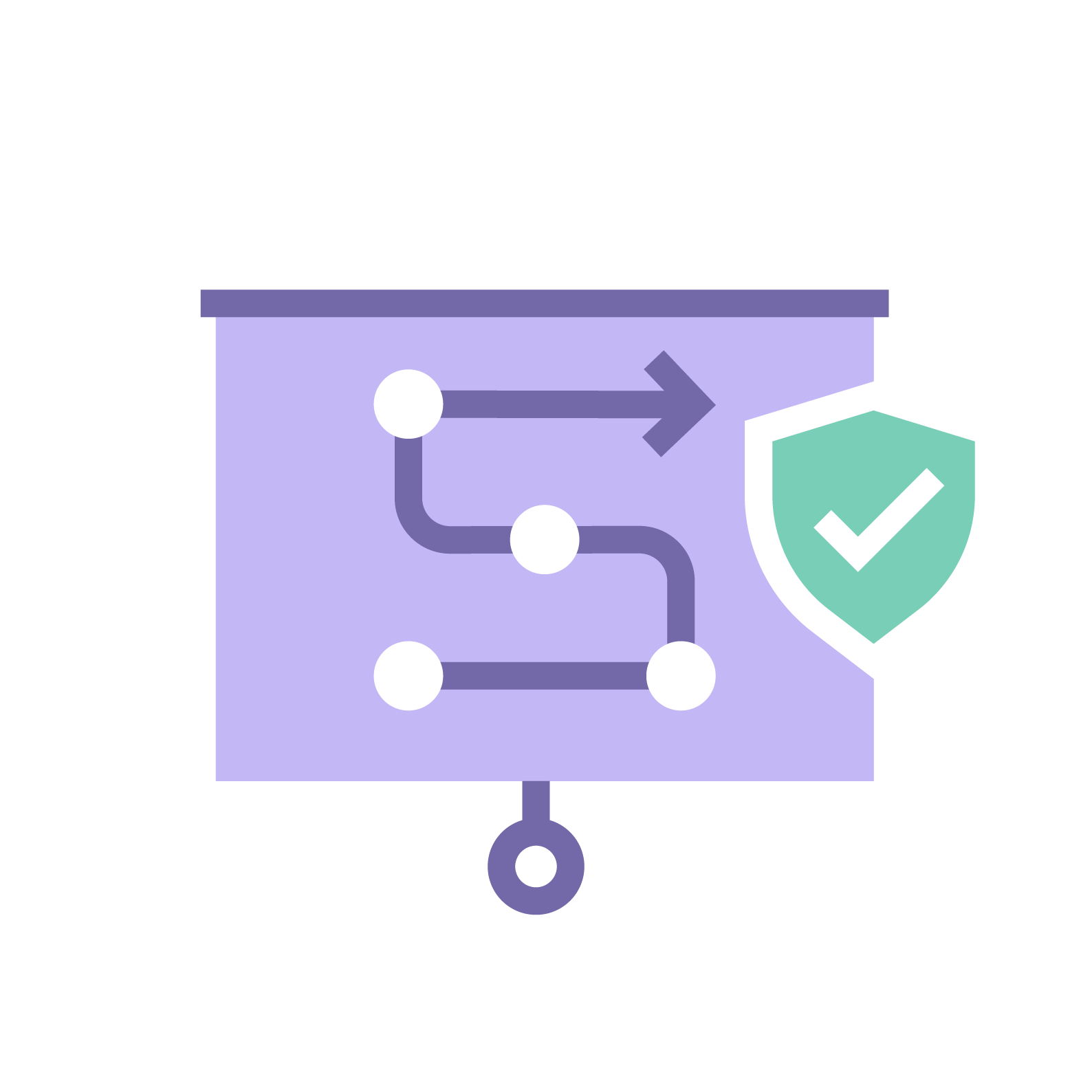 Strategy icon of a project management flowchart with a shield icon and checkmark representing security or validation.