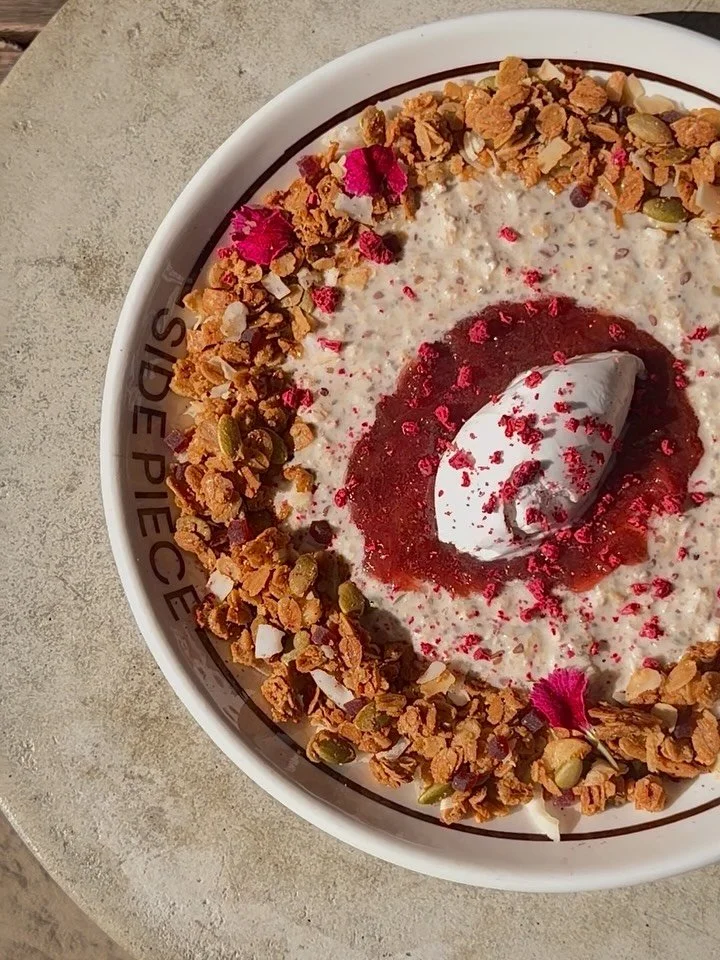For the porridge lovers. Rhubarb and strawberry preserve, wattleseed and oat crumble

Available dine-in from 7am.