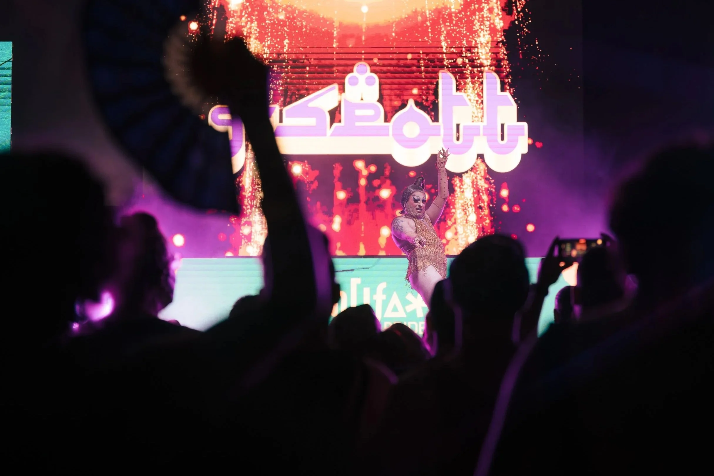 Performer on stage with arm raised, in front of a large digital screen with bright graphics and fireworks, in a dark concert or event setting with audience silhouettes.