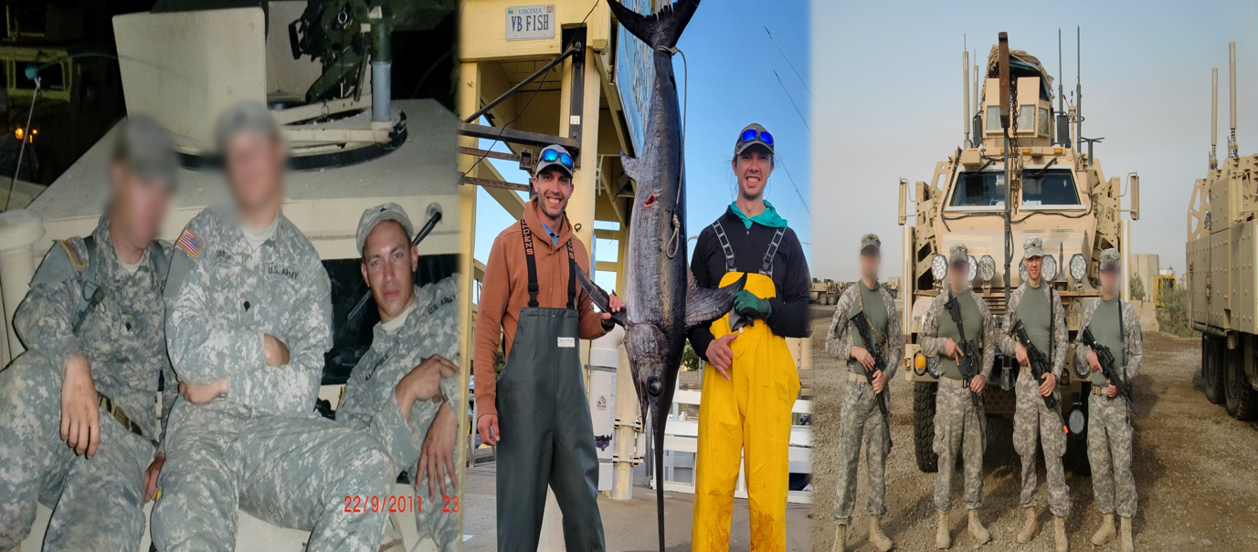 Going from Left to Right. Image of Military Men sitting on military Vehicle. In middle Image of the Owners Standing by a Fish they caught. Right most, Image of Military Men in front of Military Vehicle